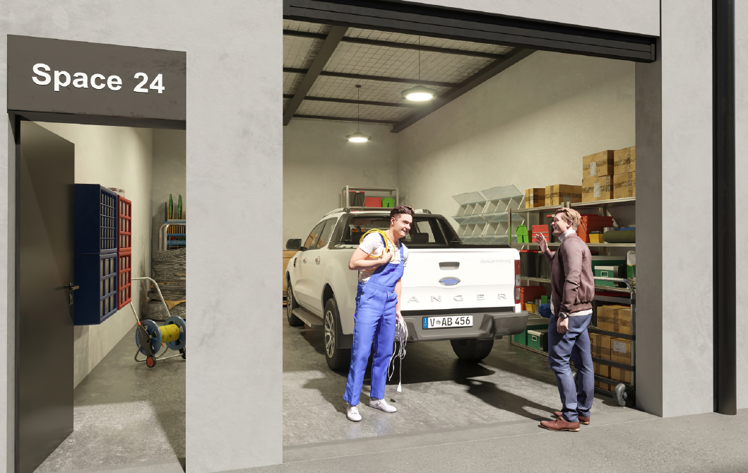 Two men talking in a garage with a white Ford Ranger pickup truck, shelves with boxes, and storage containers. The garage door is open, and there's a smaller storage room labeled 'Space 24' to the left.