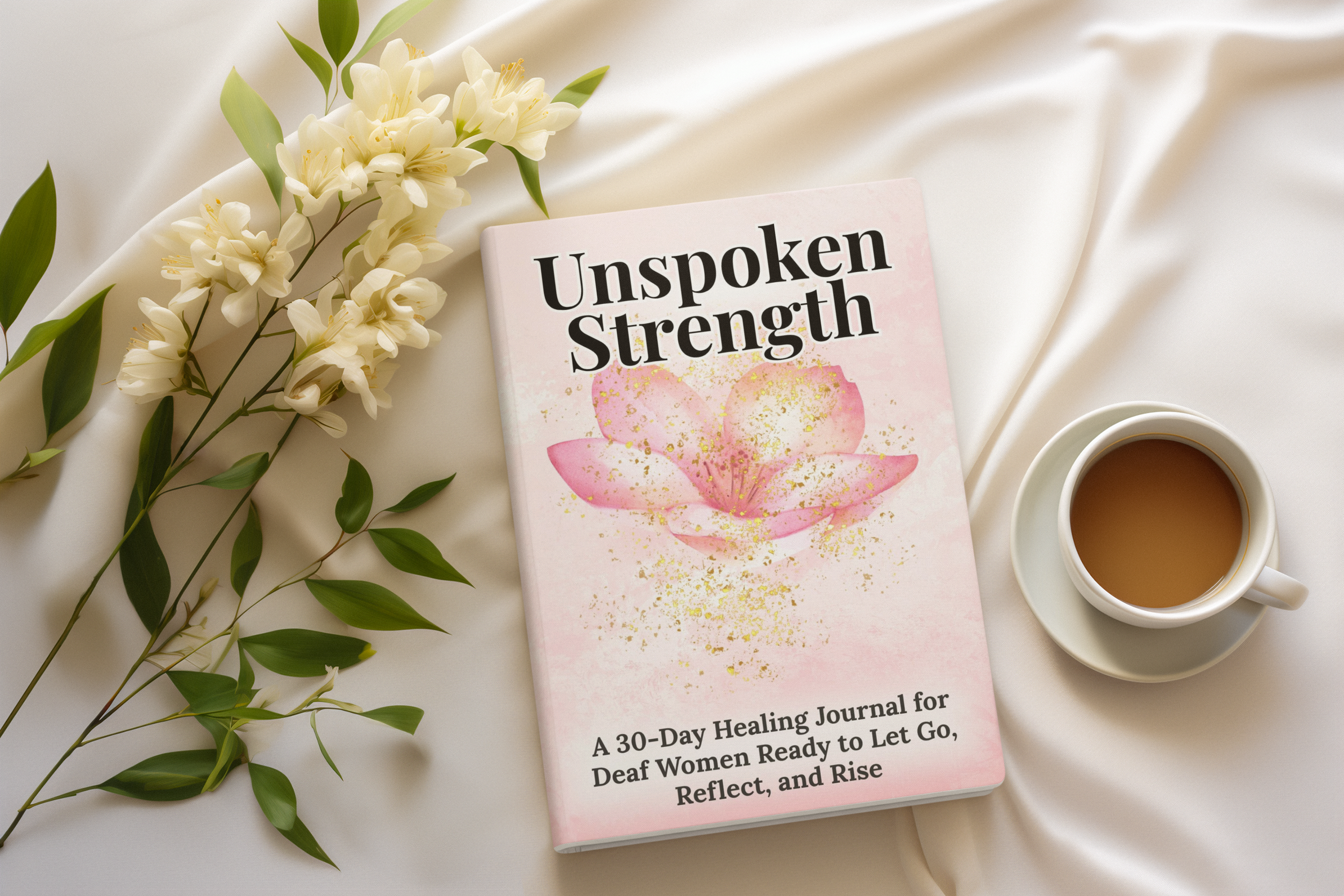 A book titled 'Unspoken Strength' with a pink lotus flower on the cover, lying on white fabric, next to a white cup of tea and a stem of white flowers with green leaves.