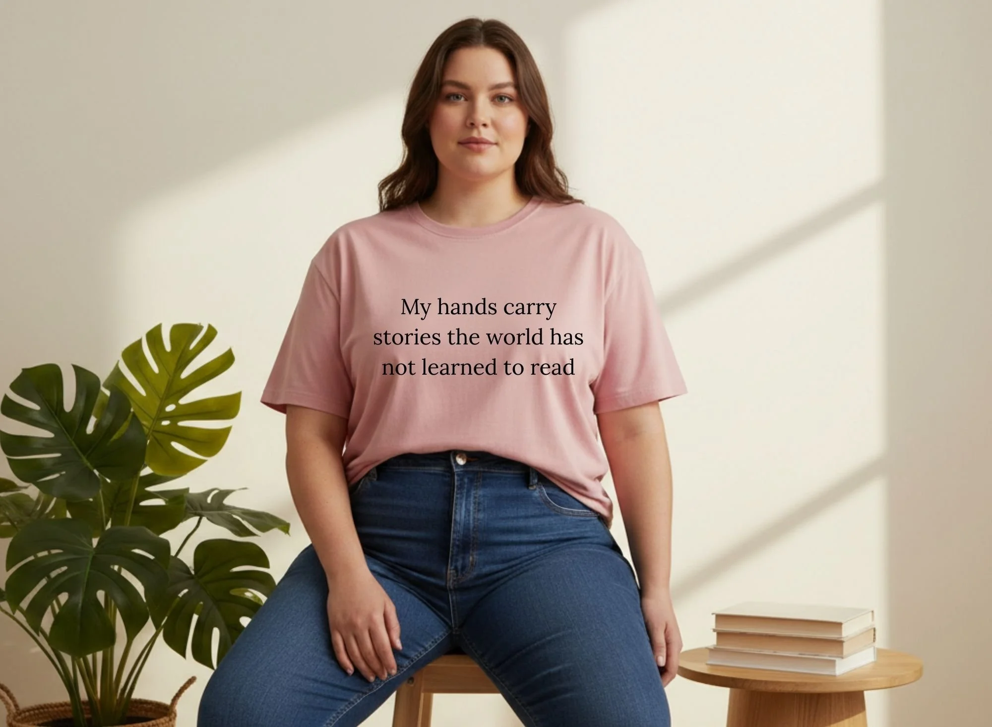 Woman wearing a pink “My Hands Carry Stories the World Has Not Learned to Read” t-shirt, sitting beside a potted plant, modeling a statement shirt about silent communication and identity.