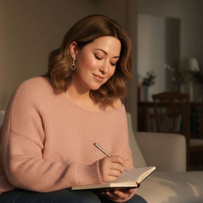 A young woman sitting indoors writing in a journal with a pen during the daytime.