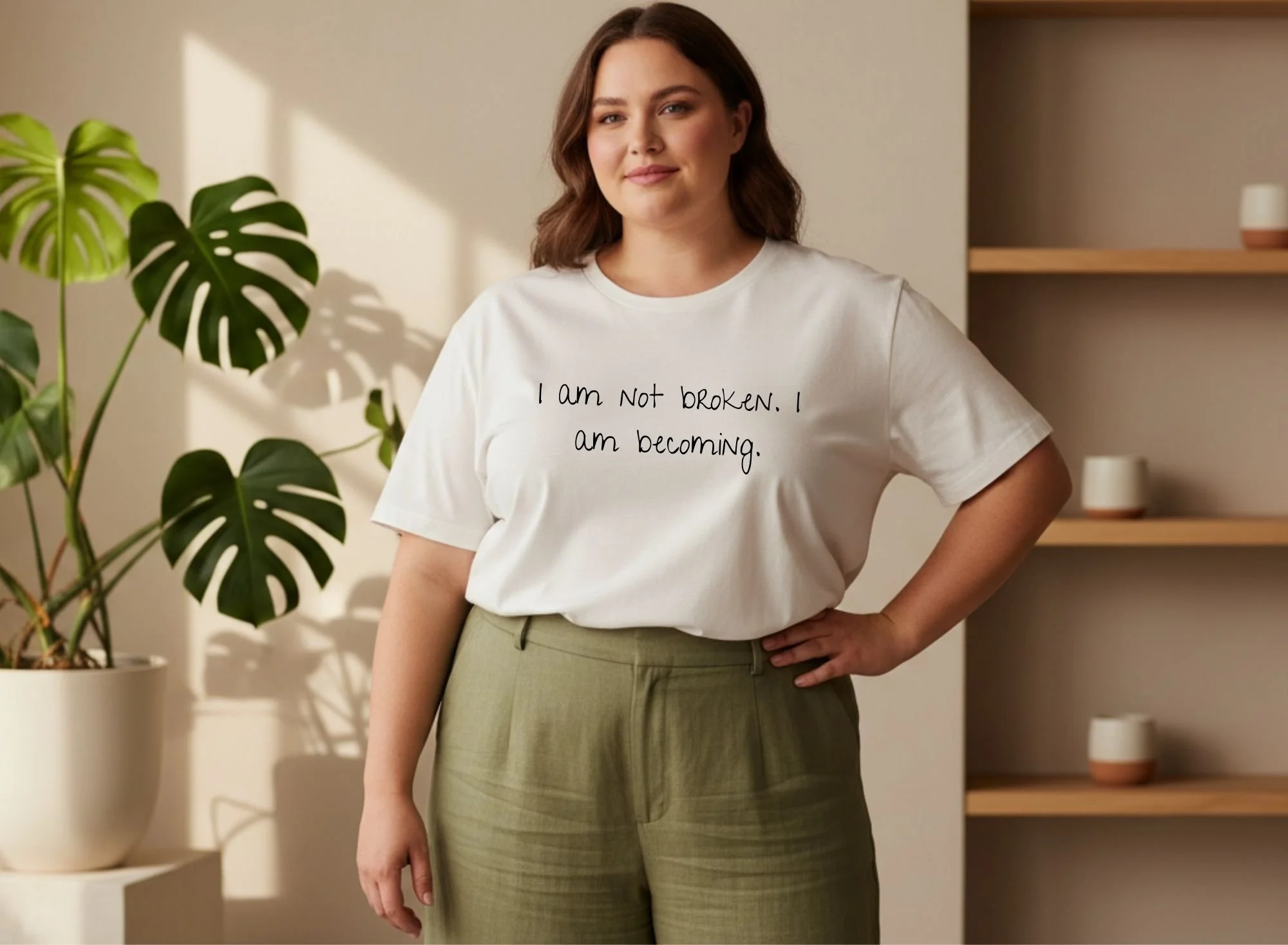 Woman wearing a white “I Am Not Broken, I Am Becoming” t-shirt, standing next to a large plant, modeling a faith and healing affirmation shirt.