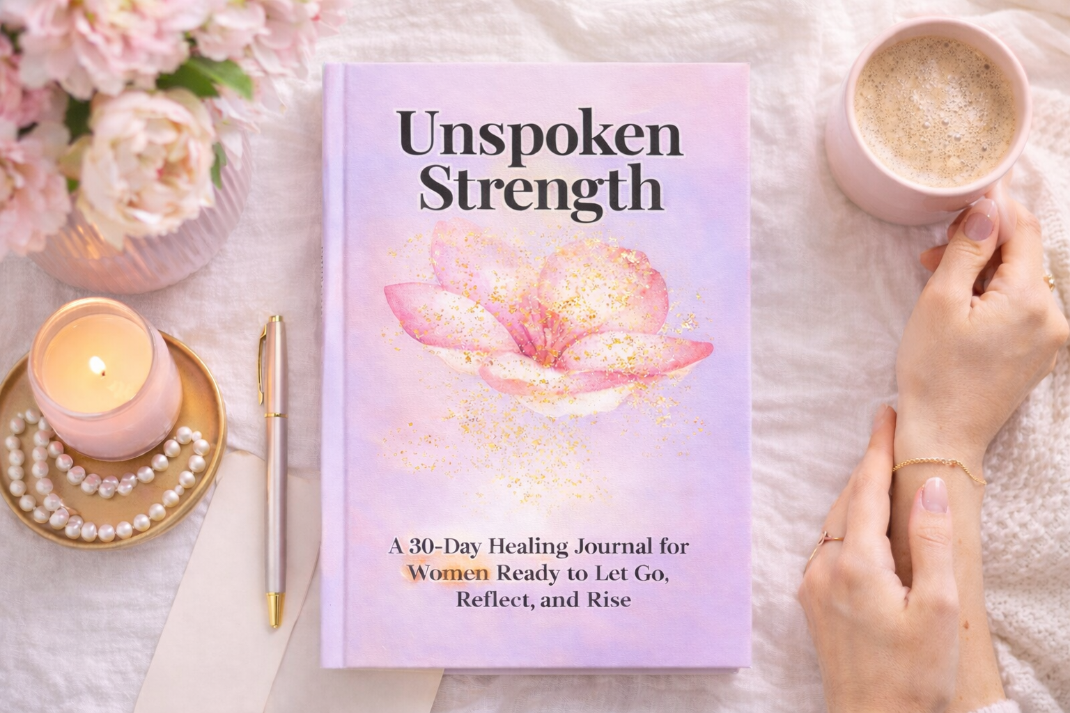 A book titled 'Unspoken Strength' with a lavender cover and pink floral illustration, placed on a soft cloth with a person holding a pink mug of coffee or tea. Nearby are a lit candle, a string of pearls, a gold and silver pen, and a bouquet of pink flowers in a pink vase.