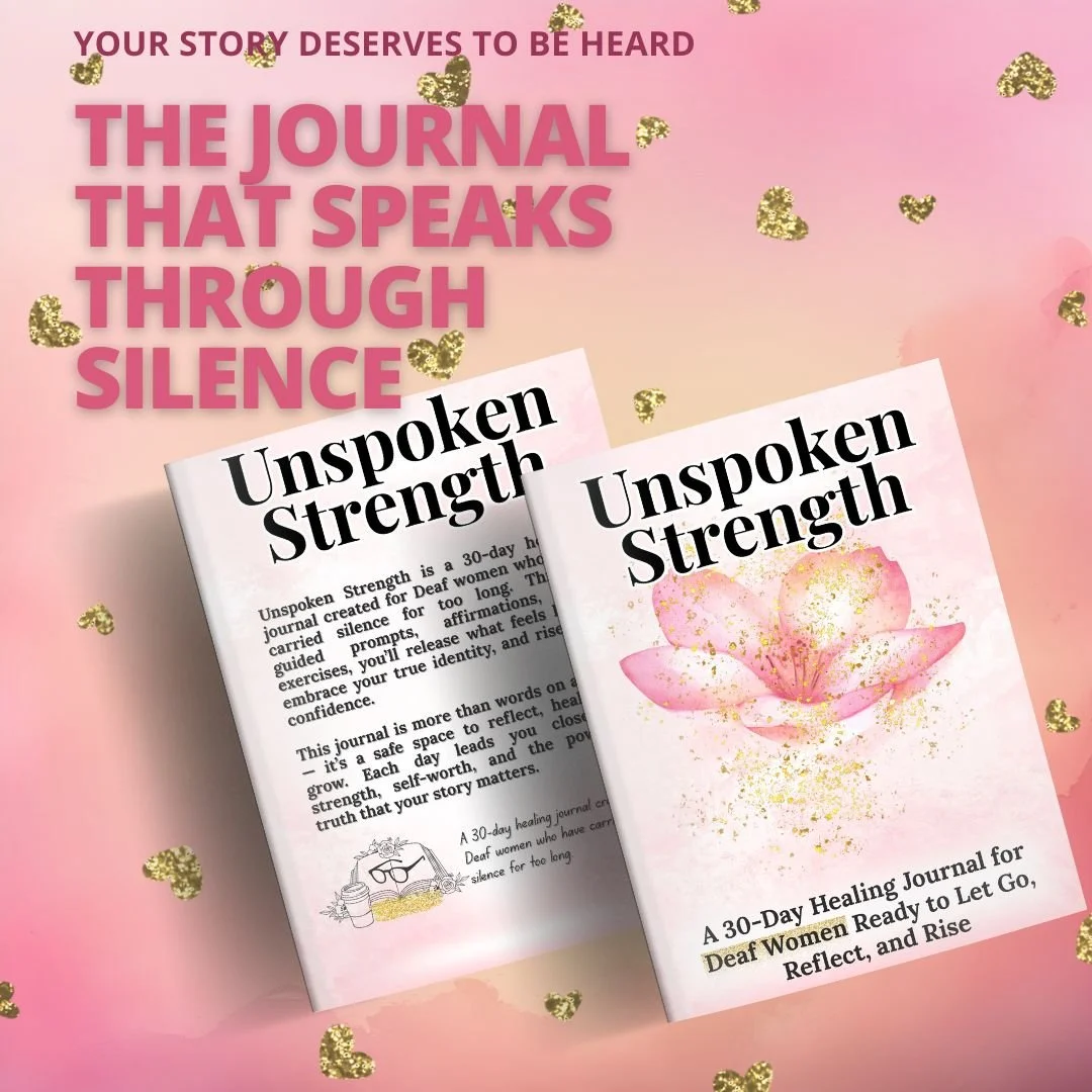 Pink background with gold heart confetti, featuring two books titled "Unspoken Strength" and pink lotus flower illustration. Bold purple text reads "The journal that speaks through silence" with smaller text "Your story deserves to be heard."