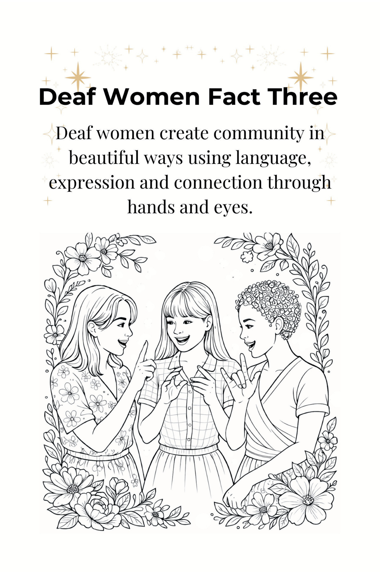 Black-and-white illustration of three deaf women communicating through hand gestures, surrounded by floral borders, with a text banner highlighting their contributions to community and language appreciation.