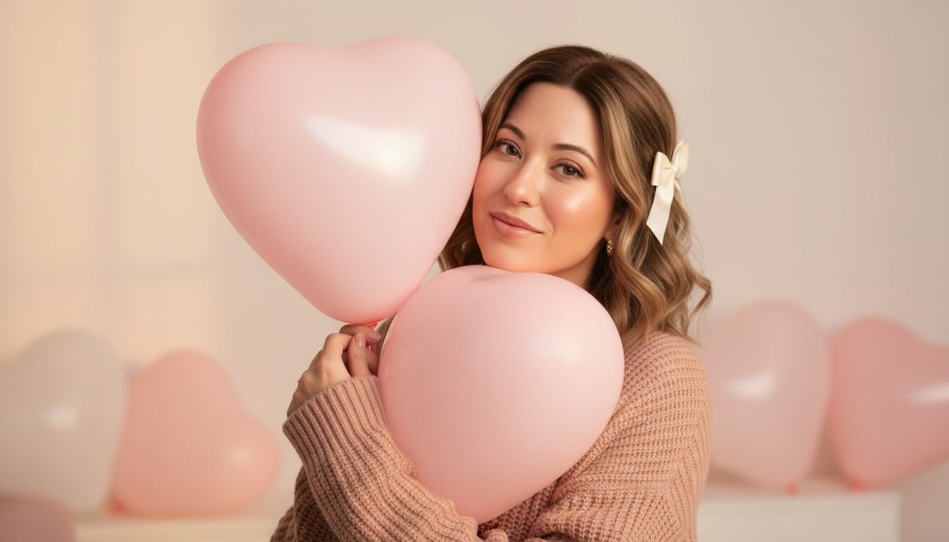 A woman with wavy brown hair and a white bow in her hair holds two pink heart-shaped balloons and smiles at the camera. There are more pink heart-shaped balloons in the background.