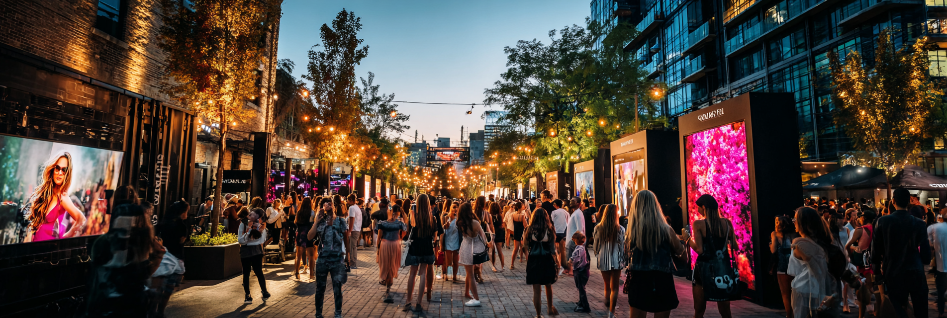 A bustling street festival glowing under twilight with stylish digital billboards showcasing vibrant boutique fashion visuals; crowds of diverse influencers and attendees interacting, celebratory atmosphere, warm glowing lights, urban charm