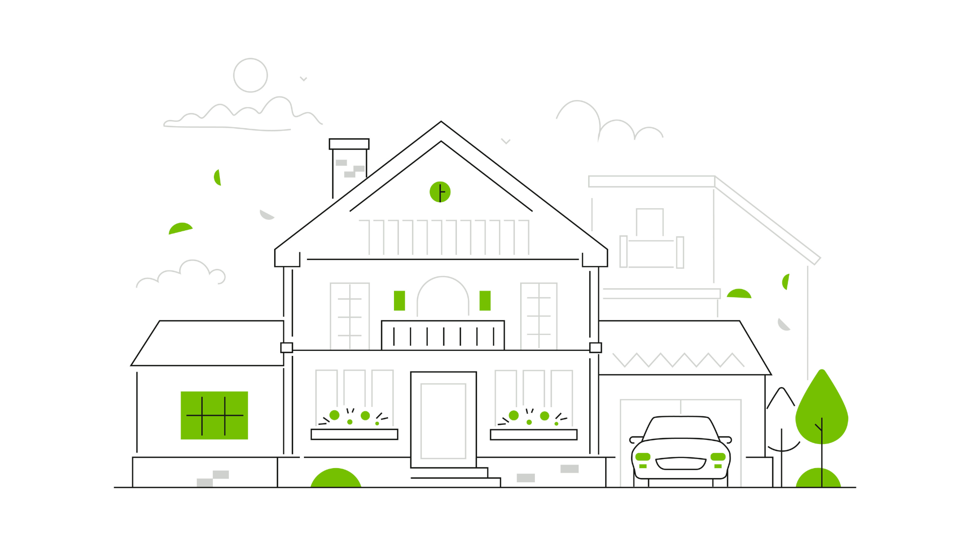 家のイラスト。家の前に車と木があり、背景に雲や太陽が描かれている。