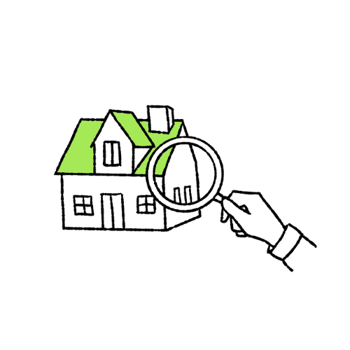 手で虫眼鏡を持ち、家を診ている現地調査をイメージしたイラスト。