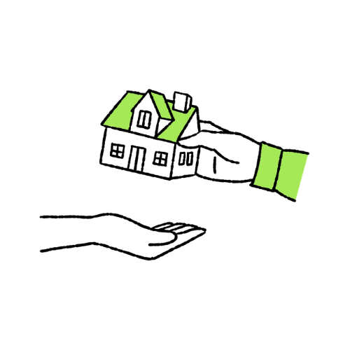 手に持った家の模型をもう一方の手のひらに載せているイラスト。納品・引き渡しのイメージ。