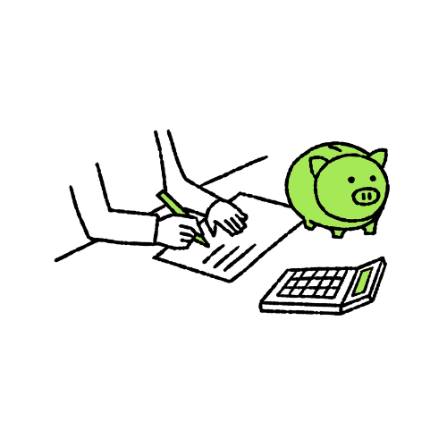 お客様が振込手続きをしているイラスト。隣に豚の貯金箱と計算機がある。