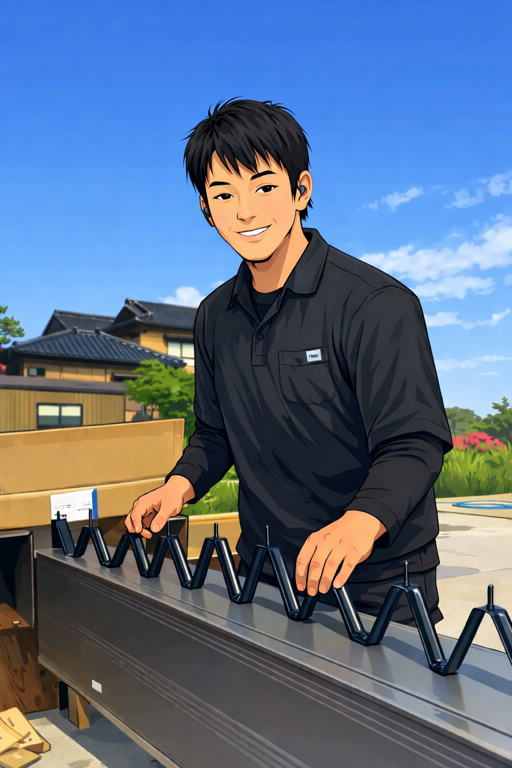 青空の下、笑顔の住まいる外構の社長