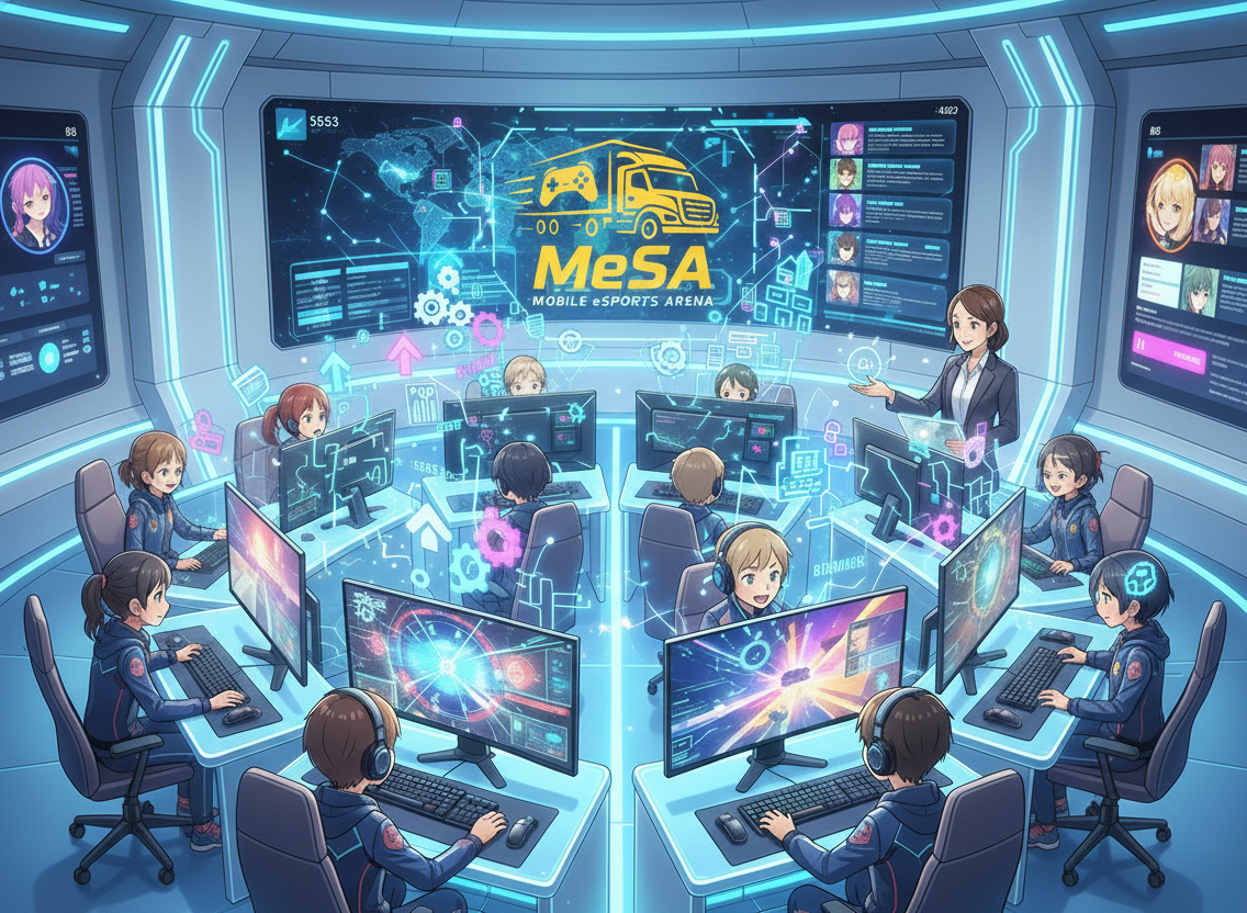 バーチャルeスポーツアリーナの様子。若いプレイヤーがコンピューターでゲームをしており、監督者が指導している。巨大なスクリーンに「Mesa MOBILE ESPORTS ARENA」のロゴと世界地図と統計情報が表示されている。