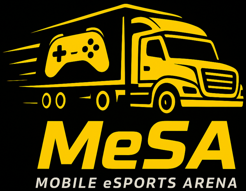 黄色のトラックがゲームコントローラーのイラストとともに描かれ、ロゴに'MeSA'と書かれたデザイン。