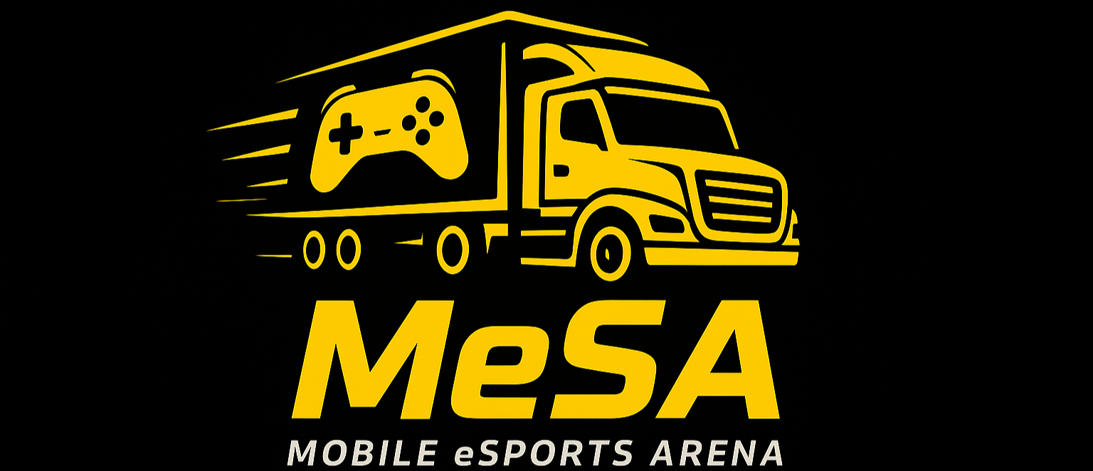 黄色のトラックとゲームコントローラーのロゴと、メサの文字と'MOBILE eSPORTS ARENA'の文字