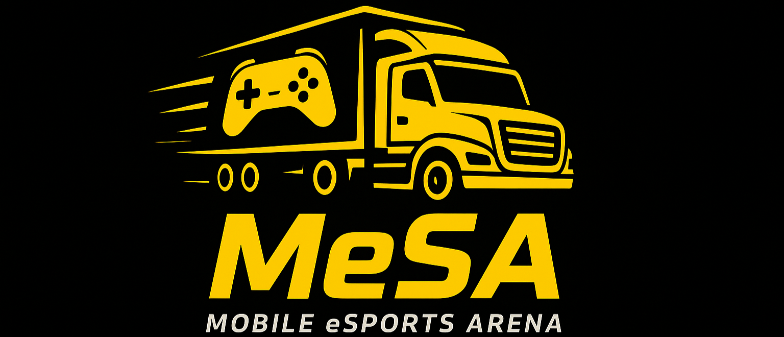 黄色のトラックのロゴにゲームコントローラーのシンボルと文字 'MeSA' と 'MOBILE eSPORTS ARENA'