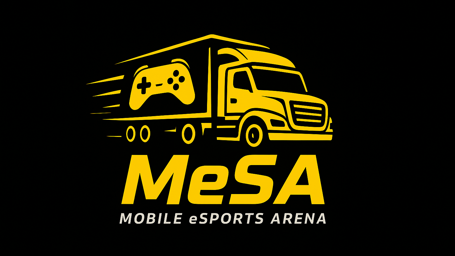 黄色いトラックのロゴで、中にゲームコントローラーのアイコンと「MESA」の文字と「MOBILE eSPORTS ARENA」の説明が書かれている。