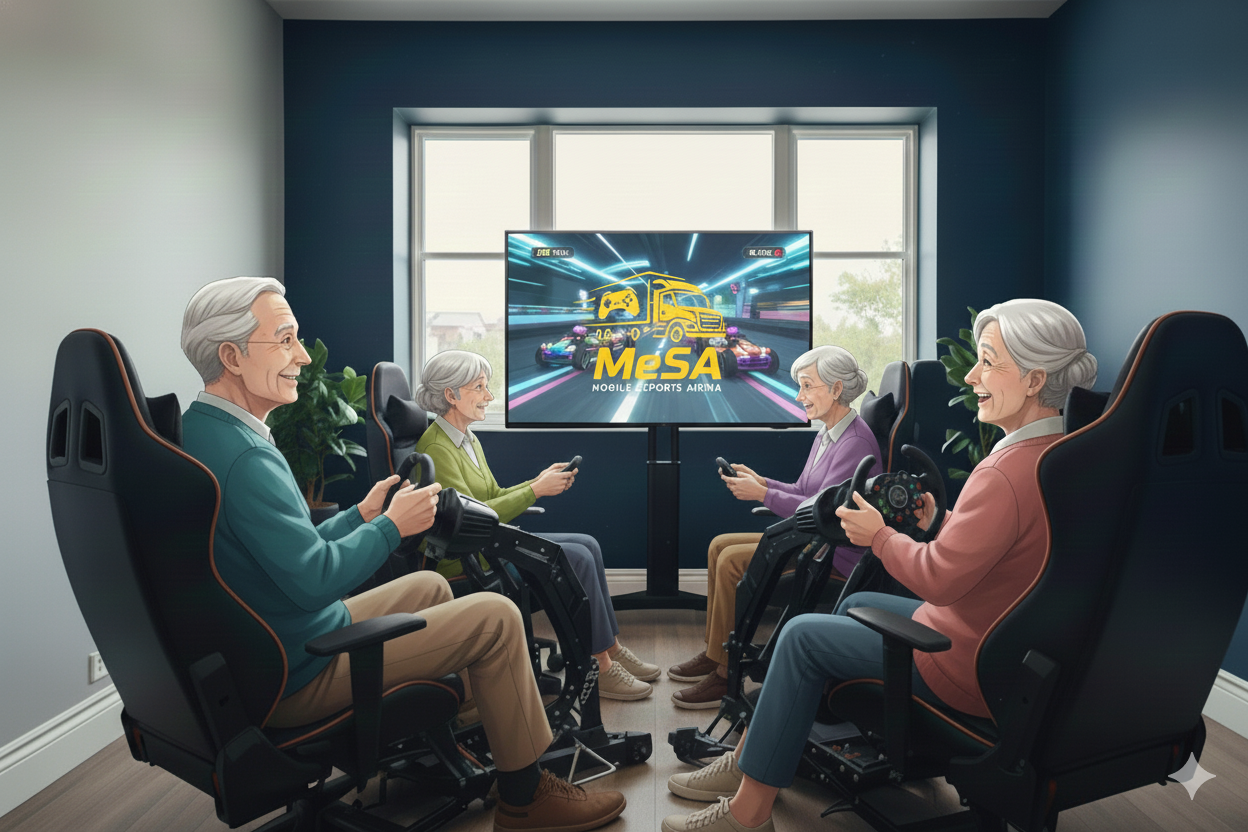年配の女性4人がゲーミングチェアに座り、レースゲームをプレイしている。テレビ画面には『MeSA』というロゴとレースゲームの映像が映っている。