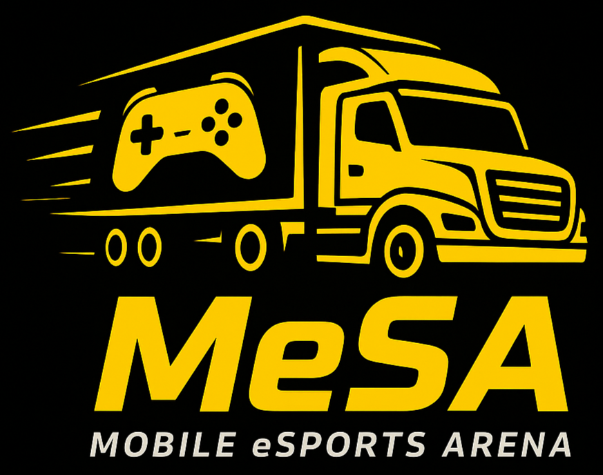 黄色と黒の配色のイラストで、大型車両のトラックの側にゲームコントローラーが描かれている。テキストで『MeSA』『MOBILE eSPORTS ARENA』と書かれている。