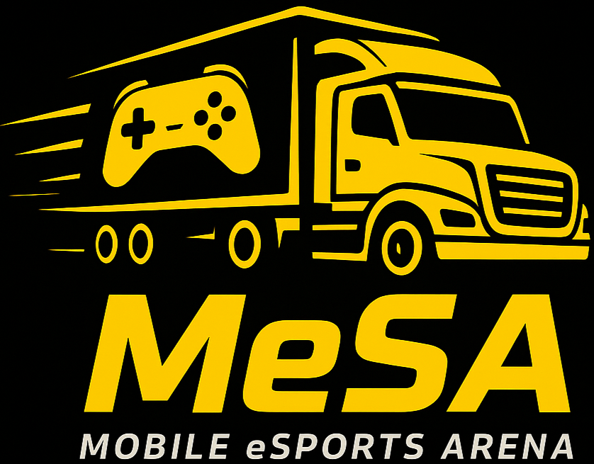 ゲームコントローラーとトラックが描かれた黄色いロゴ、