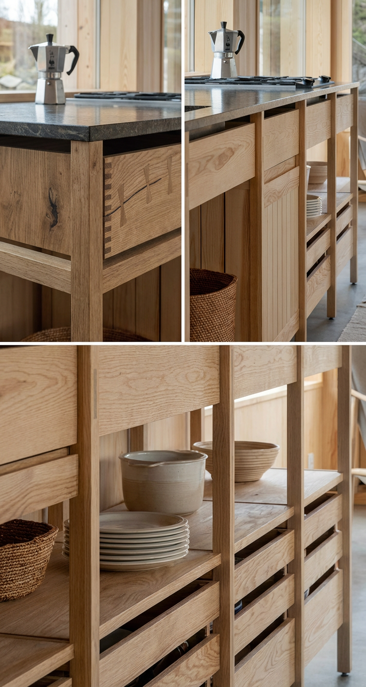 Vista de una estantería de madera con platos y utensilios en una cocina moderna de madera y mármol.