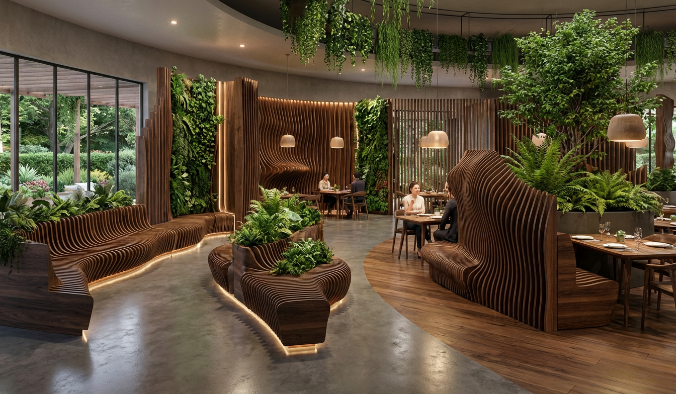 Interior de un restaurante elegante con paredes de madera curvada, muchas plantas verdes y iluminación suave. Algunas mesas con comensales y ventanas grandes que muestran un paisaje exterior con árboles.