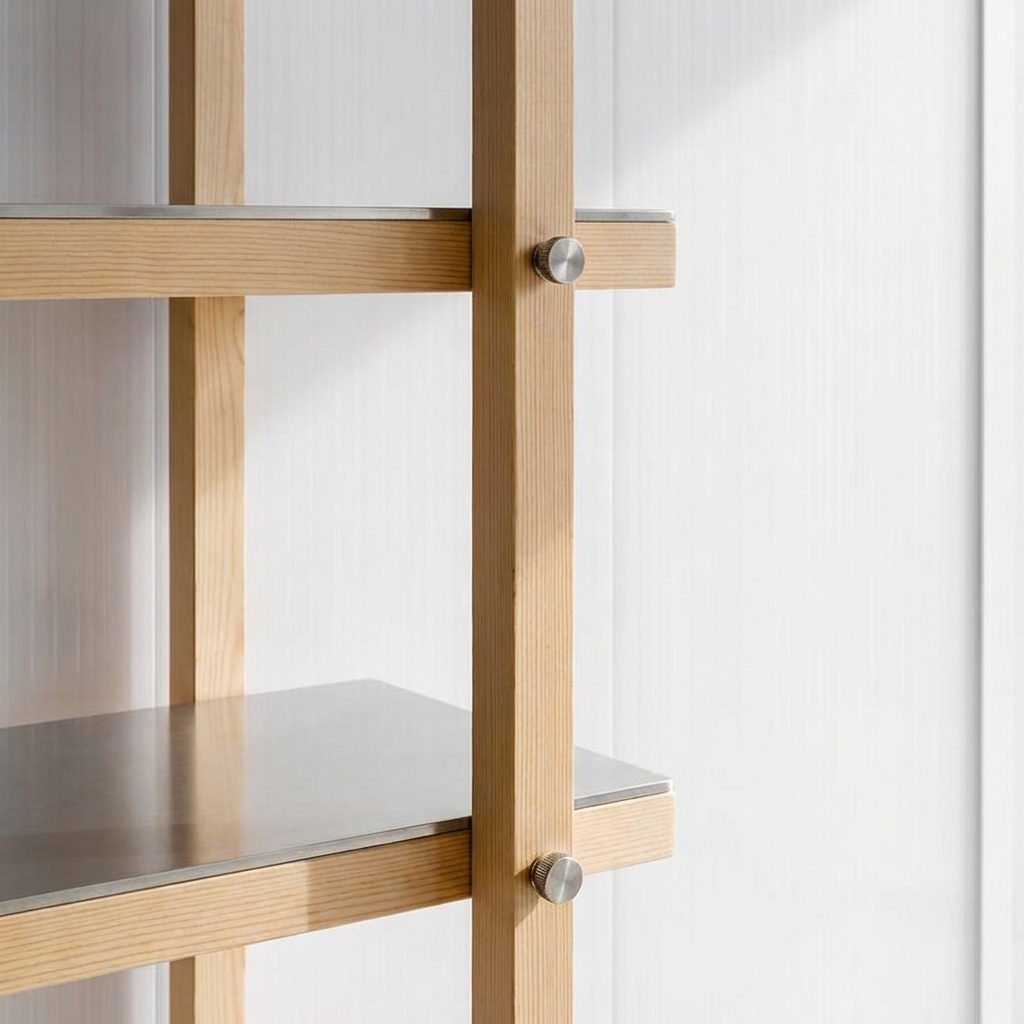 Estantería de madera con estantes de metal en una pared blanca.