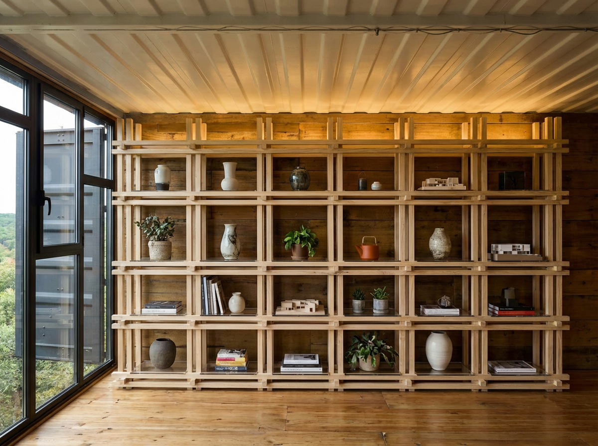 Estantería de madera con varias plantas, libros y jarrones decorativos en una pared de madera, junto a ventanas con vista a la naturaleza.