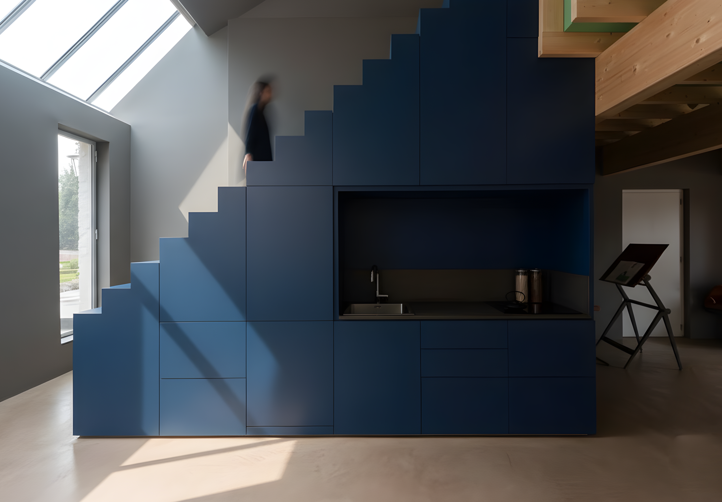 Interiores de una casa moderna con una escalera azul y una zona de cocina integrada. La escena muestra una estructura de almacenamiento que también funciona como escalera y una figura humana al fondo en movimiento.