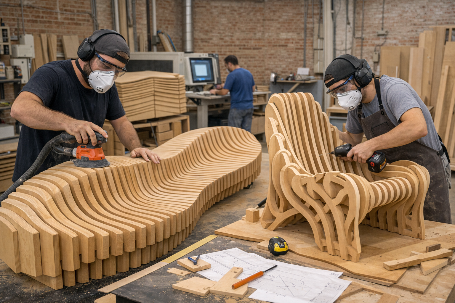 Trabajadores fabricando muebles a medida paramétricos en taller propio en España