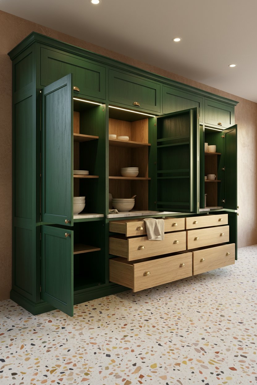  Gabinete de madera verde con puertas abiertas y estantes con platos y tazones, sobre un suelo de terrazo.