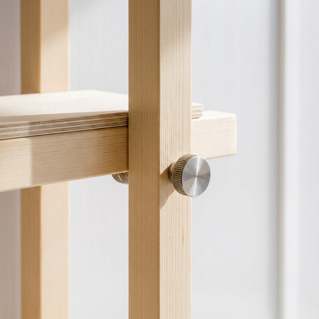 Estantería de madera con tornillo metálico ajustando las tablas.