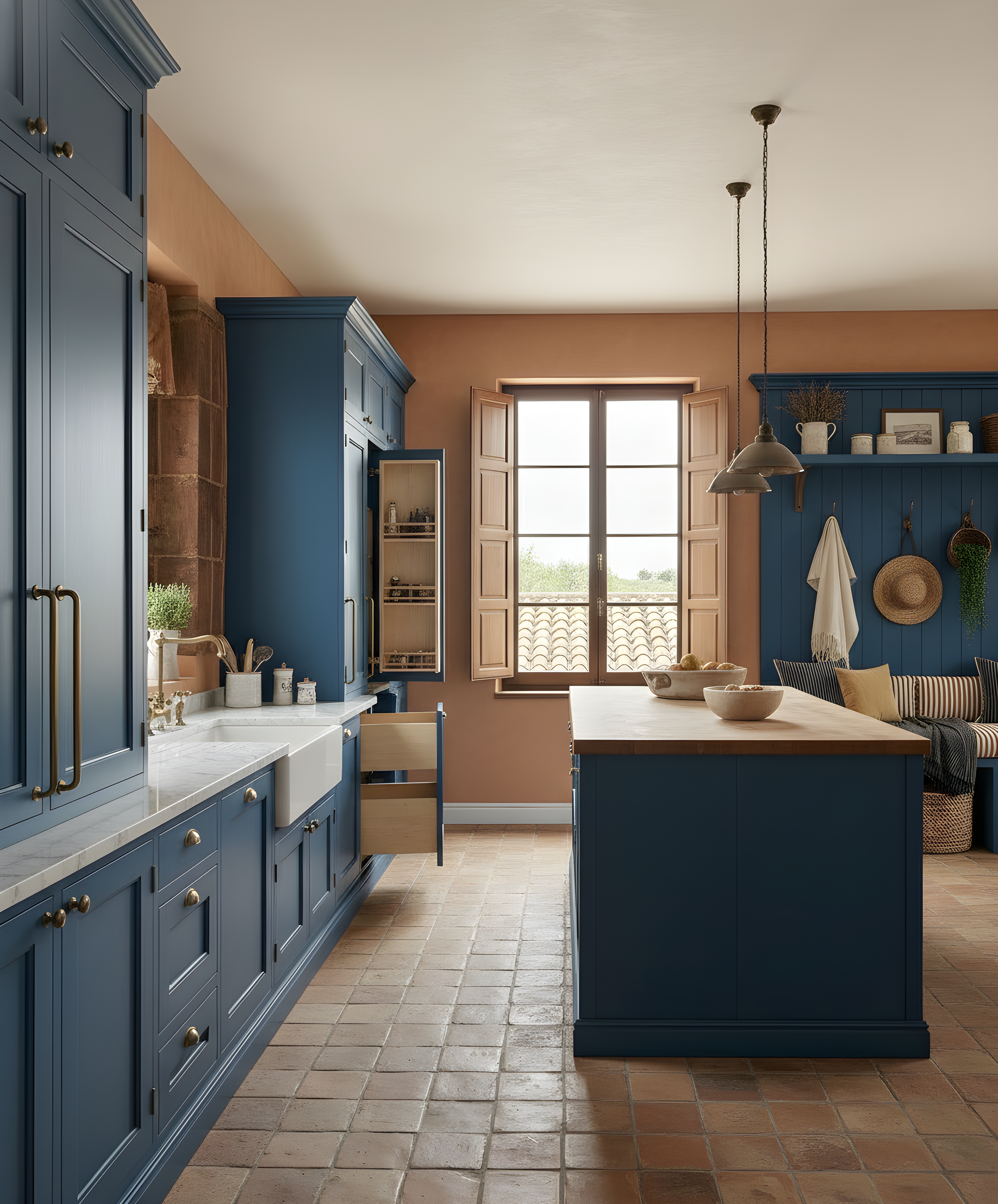 Cocina con gabinetes azules, encimera de piedra, y paredes en tono terracota, con una ventana que deja entrar luz natural y decoración rústica.