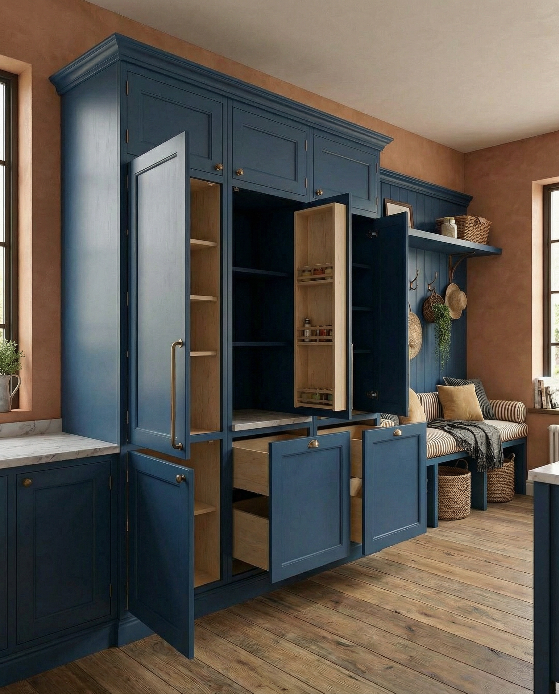 Armario de cocina azul con puertas abiertas, mostrando espacio de almacenamiento interior, en una cocina con ventanas y piso de madera.