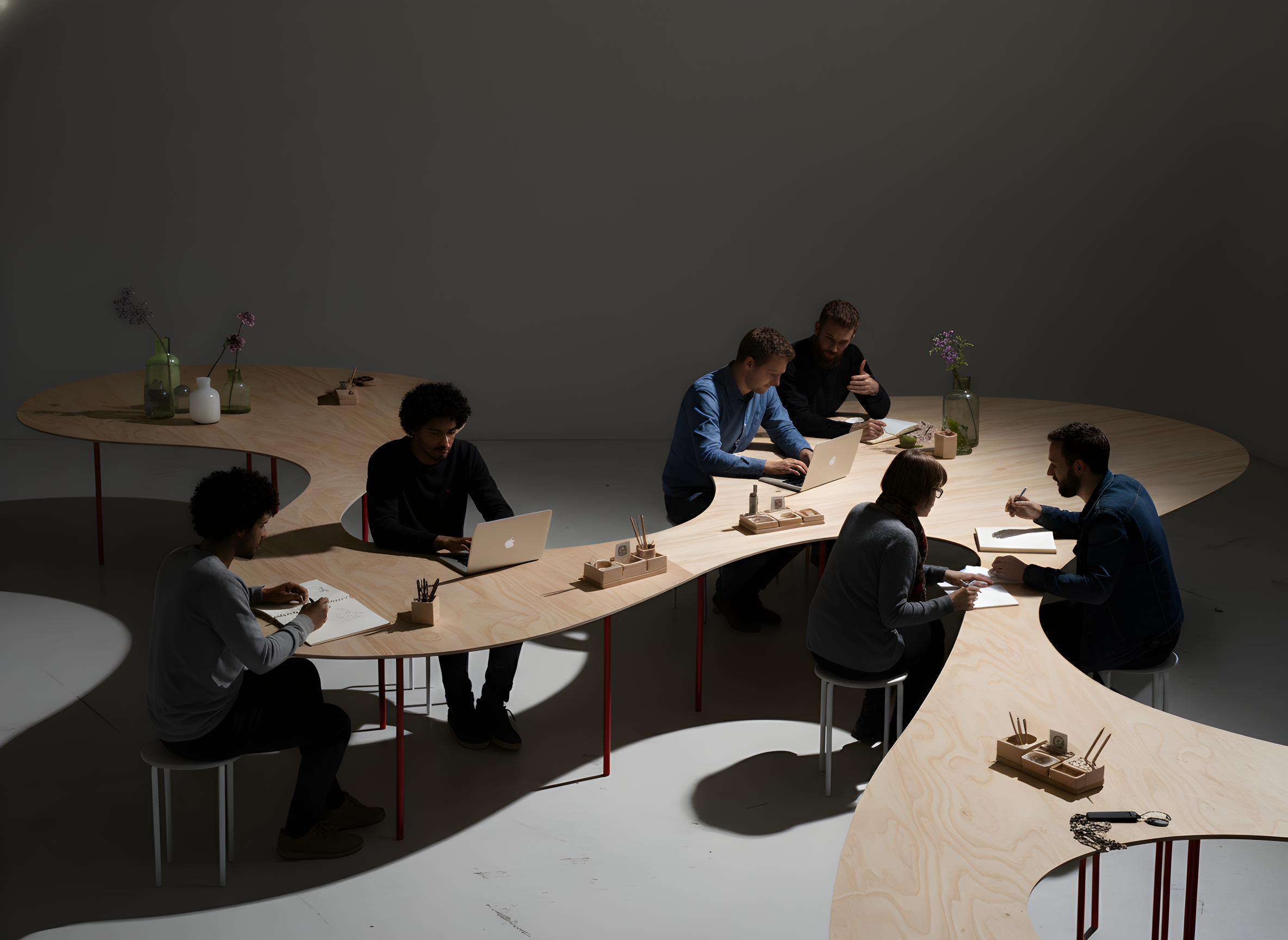 Grupo de personas trabajando en una mesa en un ambiente oscuro, con algunas plantas y objetos decorativos en el fondo.