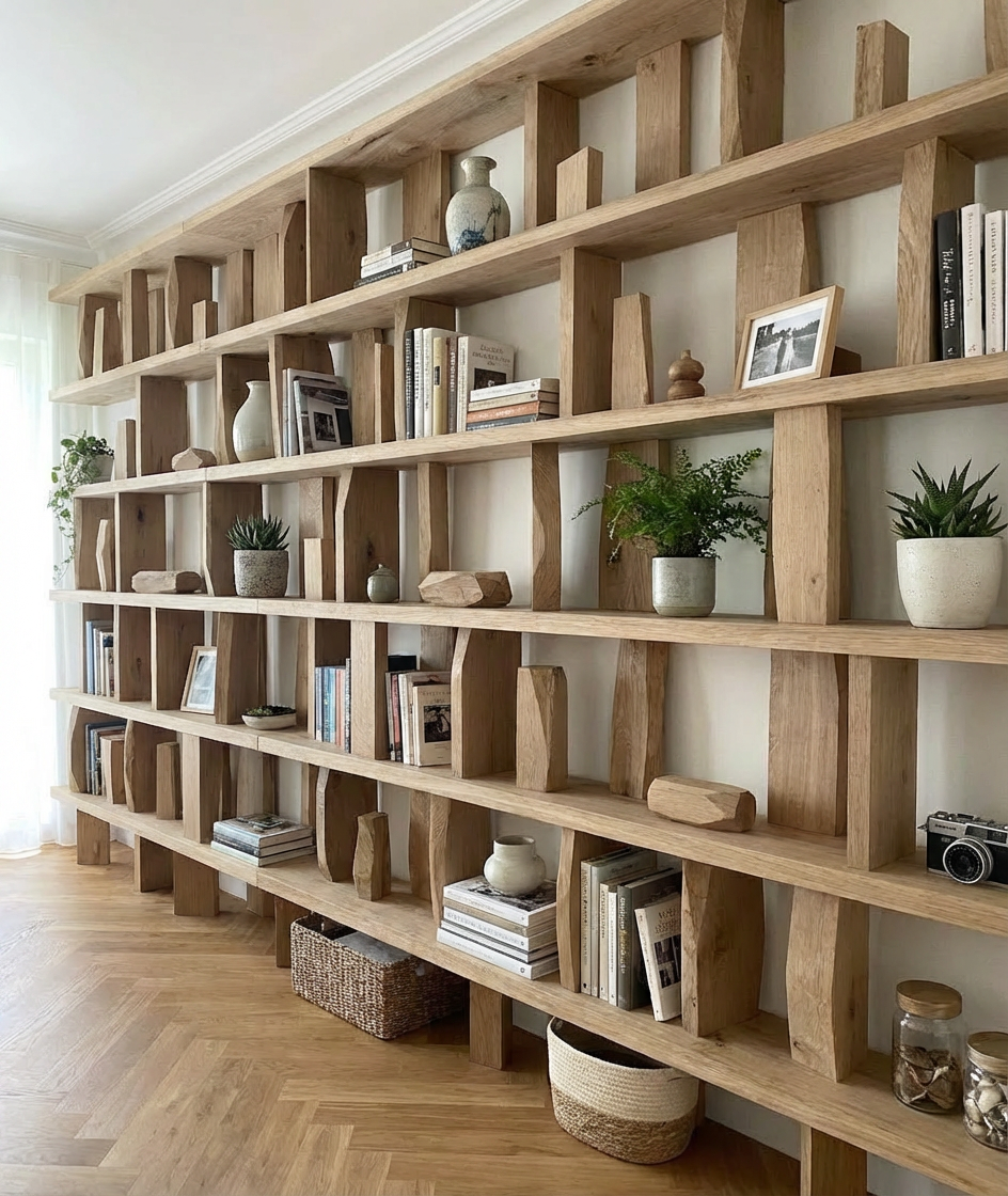 Estantería de madera con libros, plantas, jarrones y accesorios decorativos en una sala de estar.