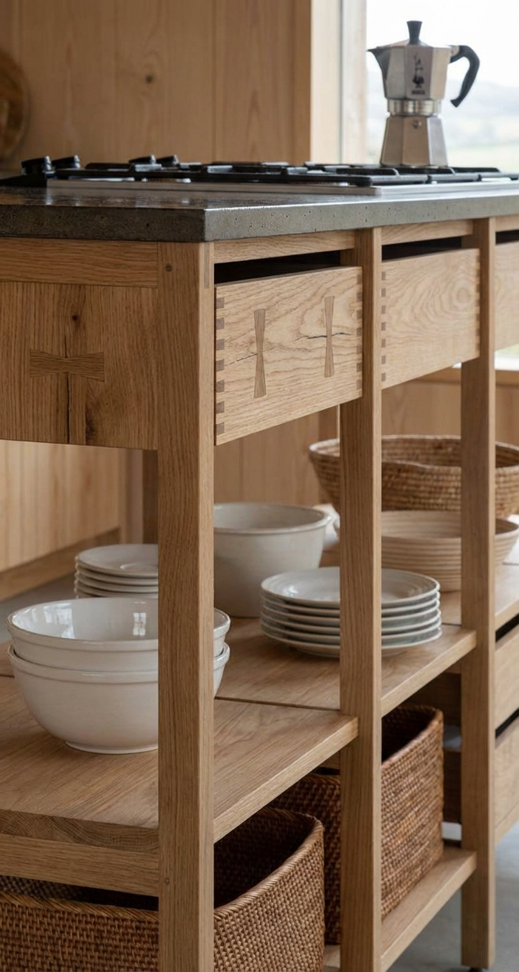 Estante de madera con platos blancos en la parte inferior y canastas tejidos en la parte inferior, y una cafetera en la encimera de piedra a la derecha.