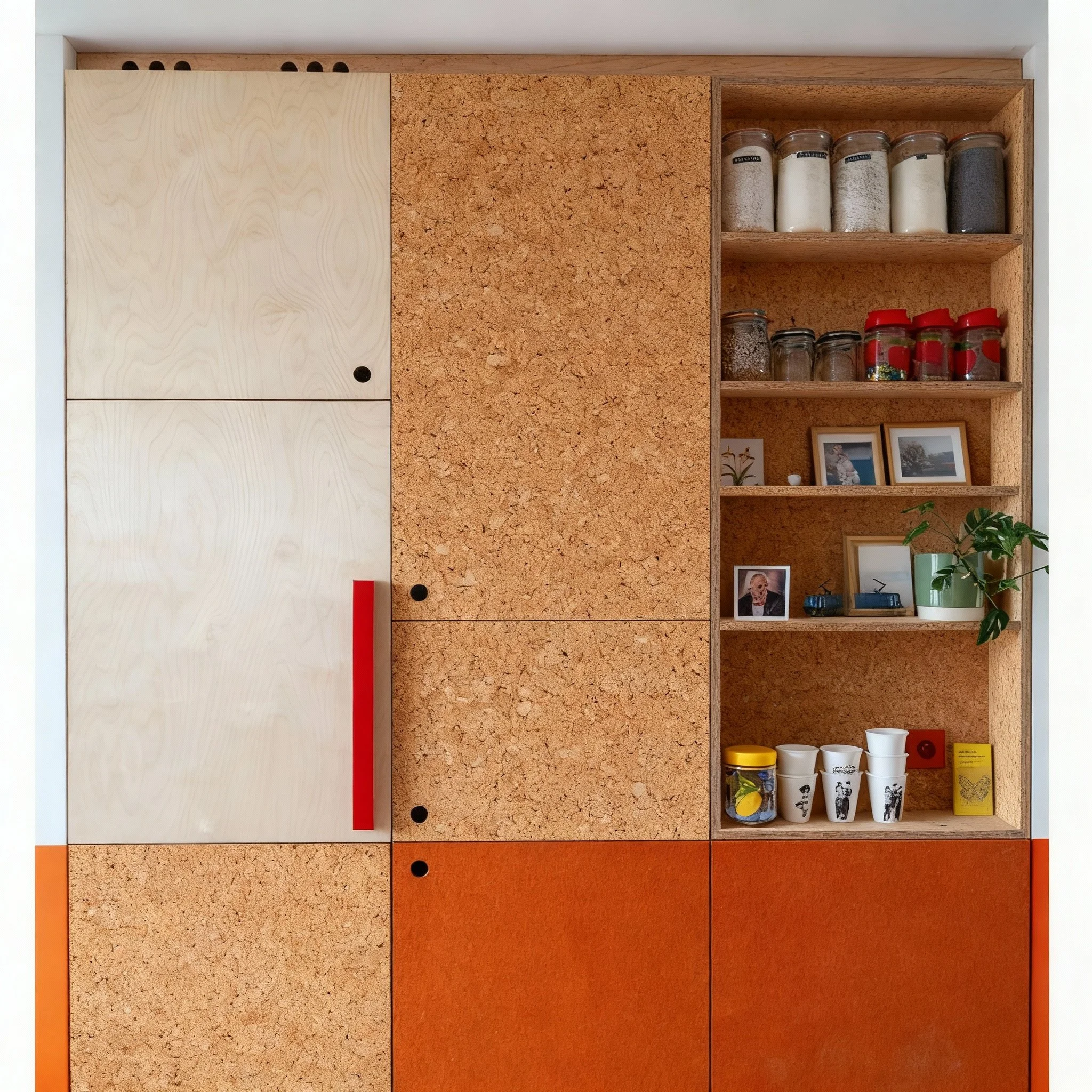 Estantería de madera con varias secciones, algunas con frascos, tazas y fotos, en un entorno moderno.