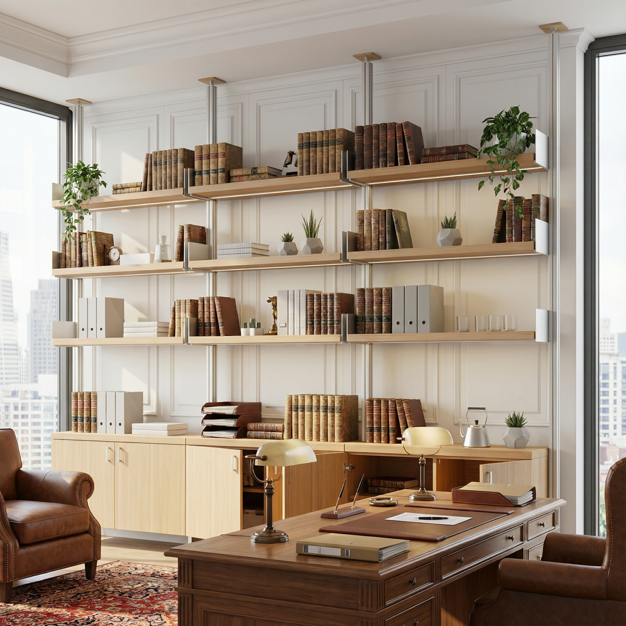 Sala de oficina con estanterías de madera llenas de libros y decoración, escritorio de madera con lámparas y papeles, sillón de piel, y ventanas grandes con vista a edificios altos.