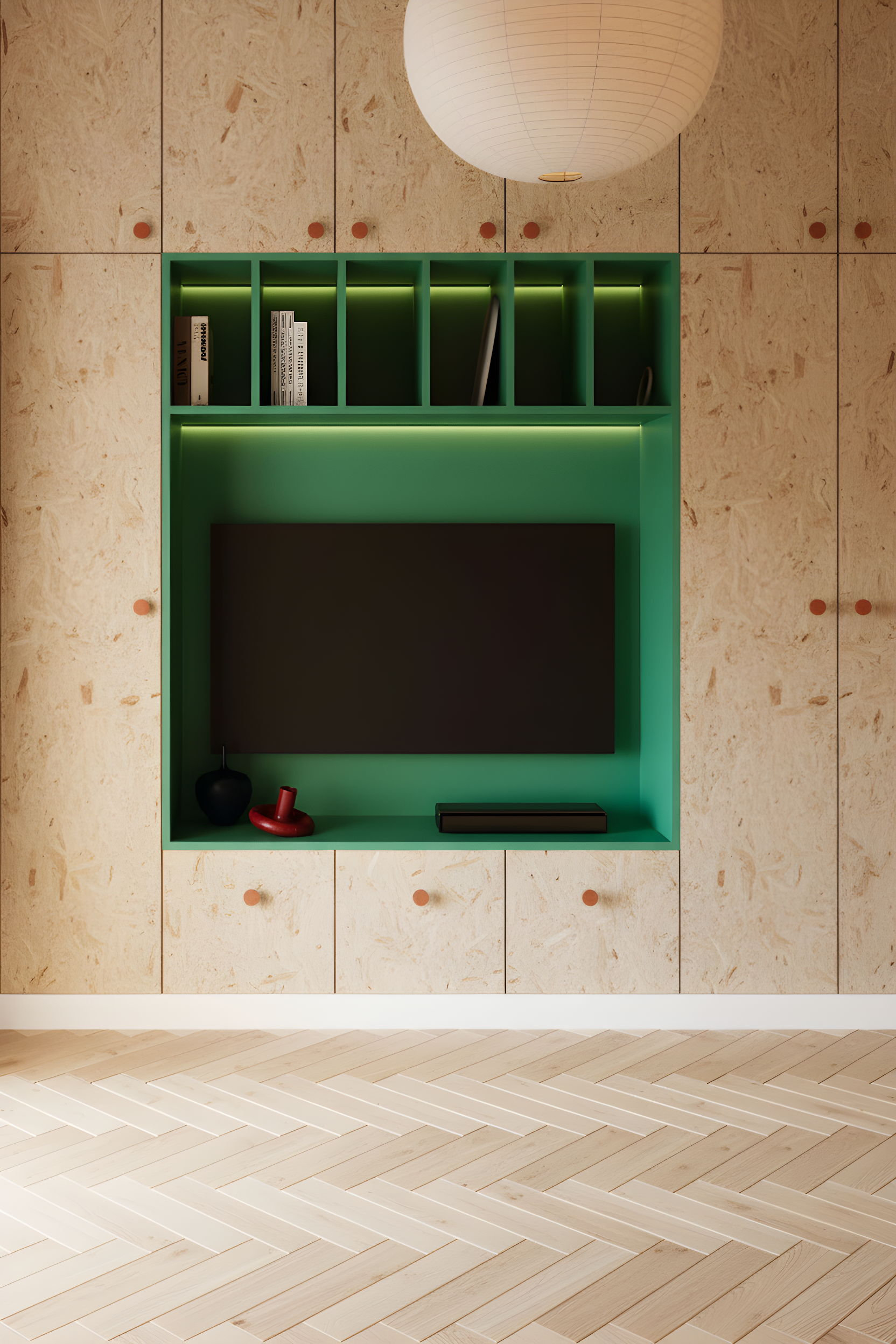 Armario de la línea RAW-B con puertas y TV en muebles a medida paramétricos