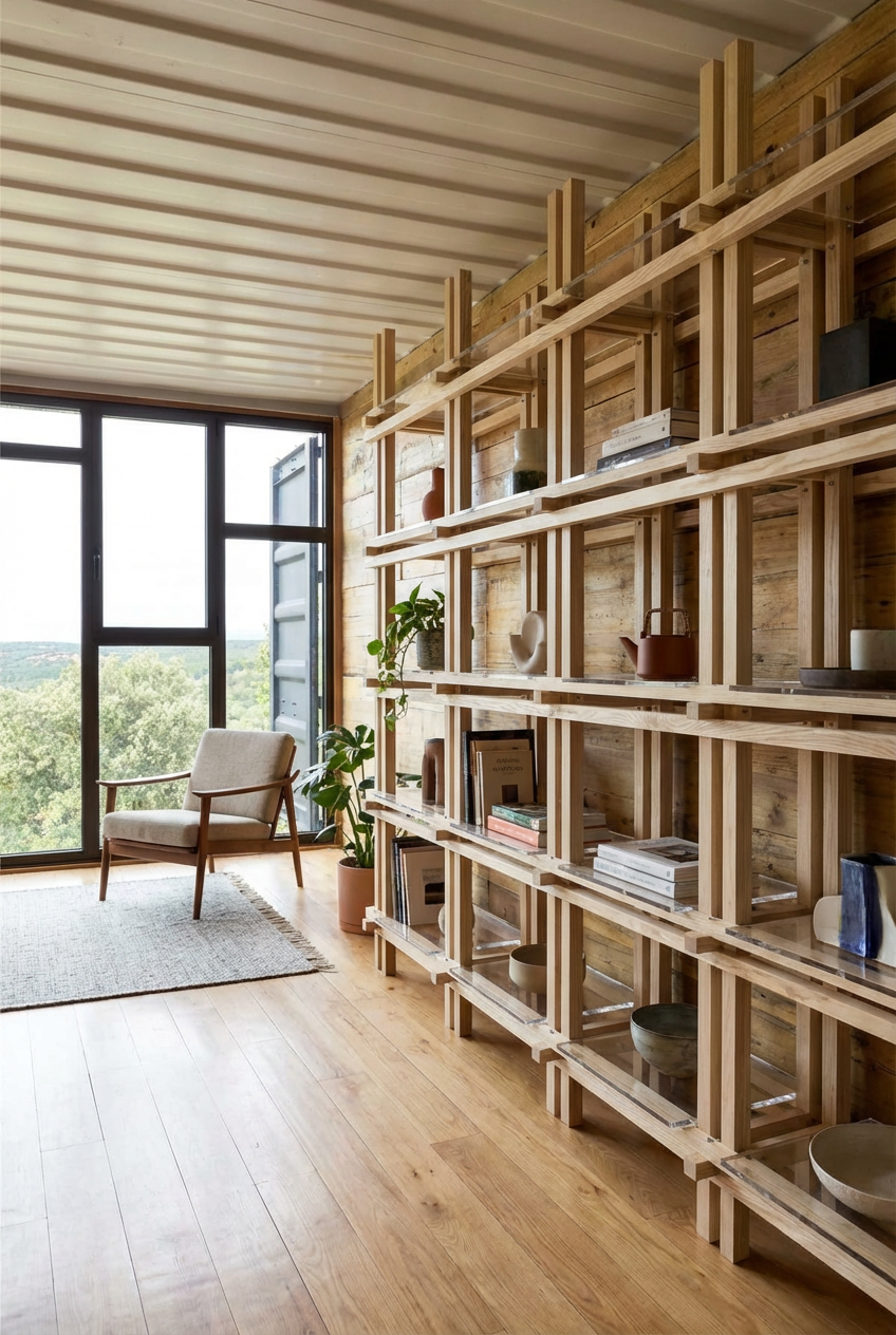 Sala con una alfombra, una silla de madera con cojín claro, una gran ventana y una estantería de madera con objetos decorativos y libros, junto a una planta en una maceta.