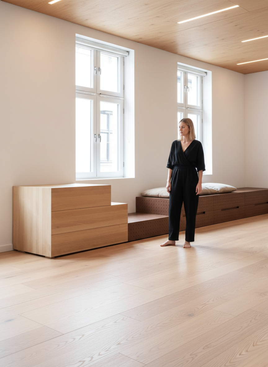 Mujer observa módulos de la colección Raw-B ya instalados en su casa