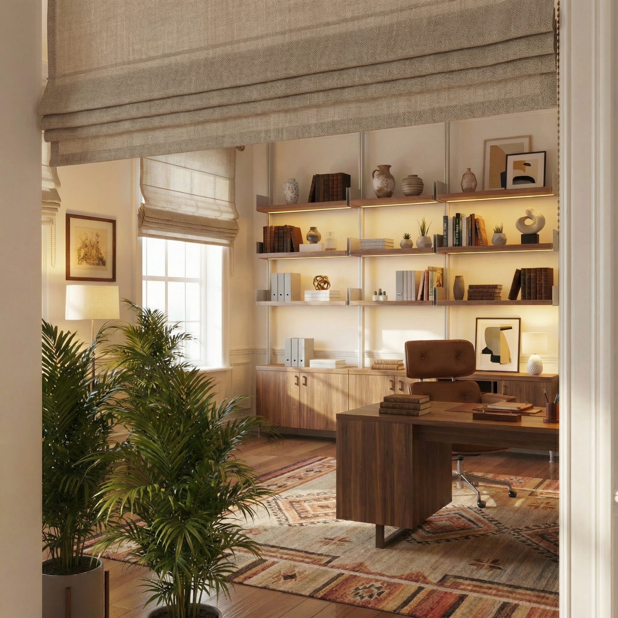 Oficina elegante con estanterías llenas de libros y objetos decorativos, escritorio de madera con libros, planta grande en el suelo y ventanas con cortinas de tela beige.