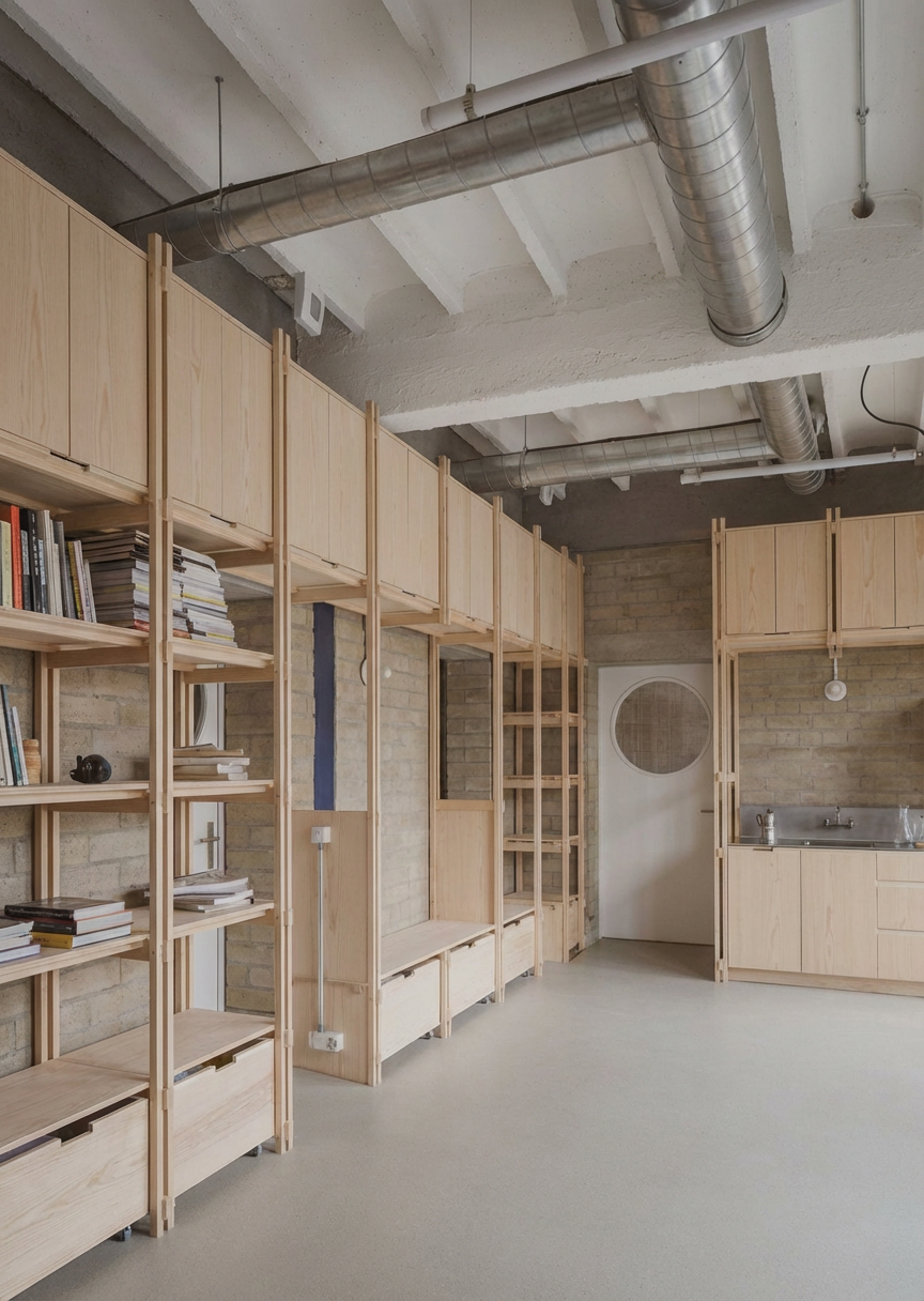 Interiores de una habitación moderna con estanterías de madera, libros y objetos decorativos, paredes de ladrillo, techo con vigas y conductos de aire expuesto, y una puerta blanca con ventana redonda y un fregadero en la esquina.