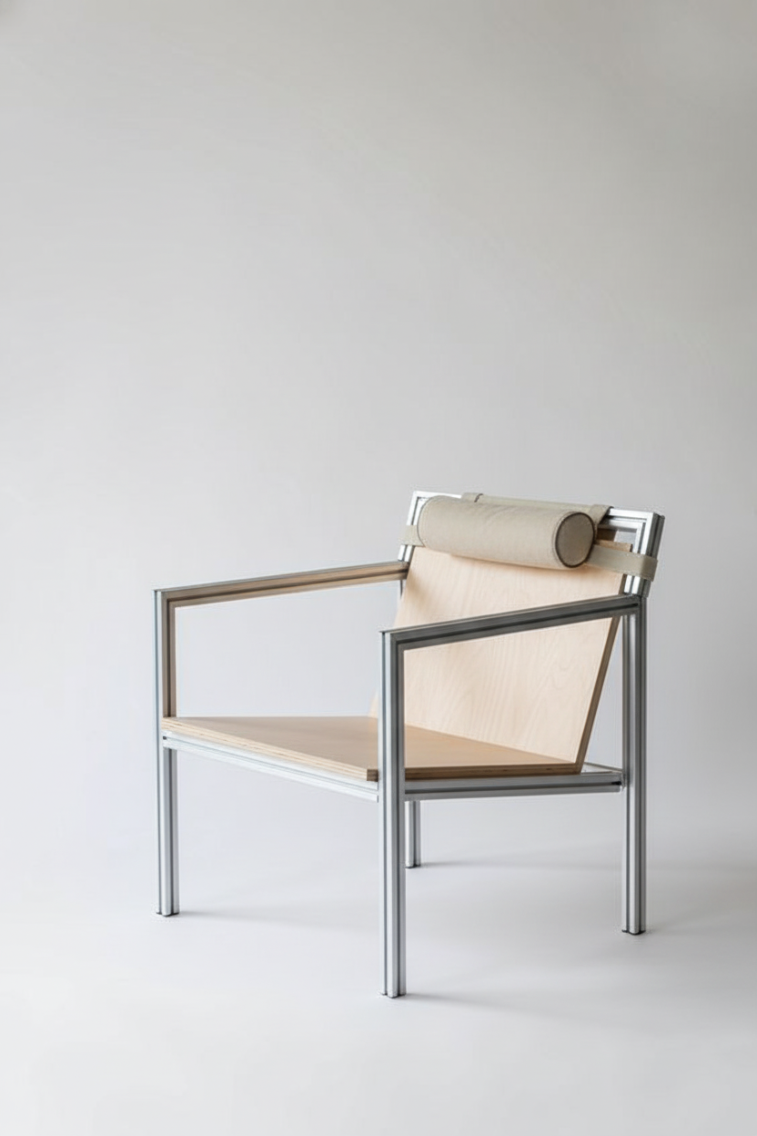 Silla moderna con estructura de aluminio, asiento y respaldo de madera clara, y un cojín cilíndrico en la parte superior del respaldo, en un fondo blanco.