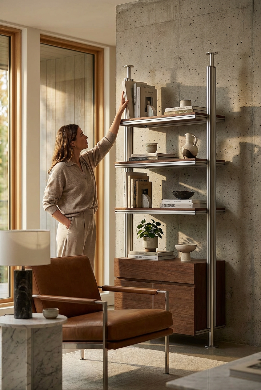 Librería con estructura de acero y estantes de madera diseñada para un proyecto de interiorismo.
