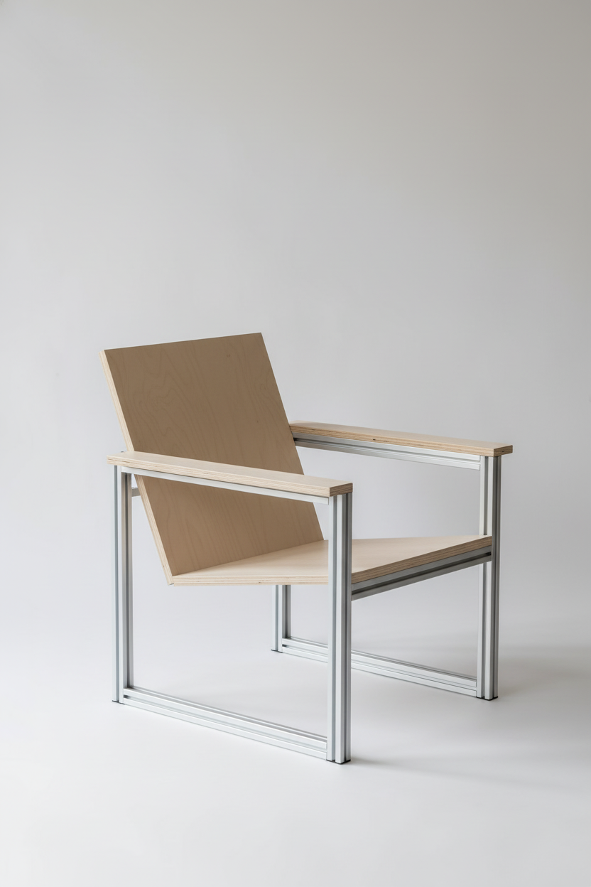 Silla moderna con estructura metálica y asiento y respaldo de madera clara.