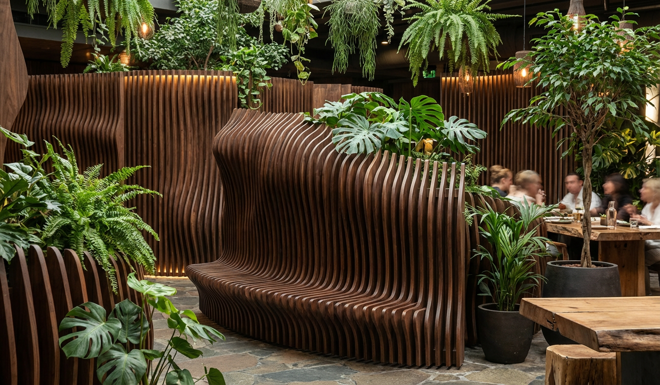Interiores de un restaurante con paredes y mobiliario de madera, muchas plantas verdes, y personas sentadas en una mesa