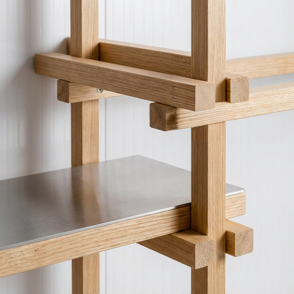 Librería de madera maciza a medida con acabado natural integrada en un proyecto residencial.