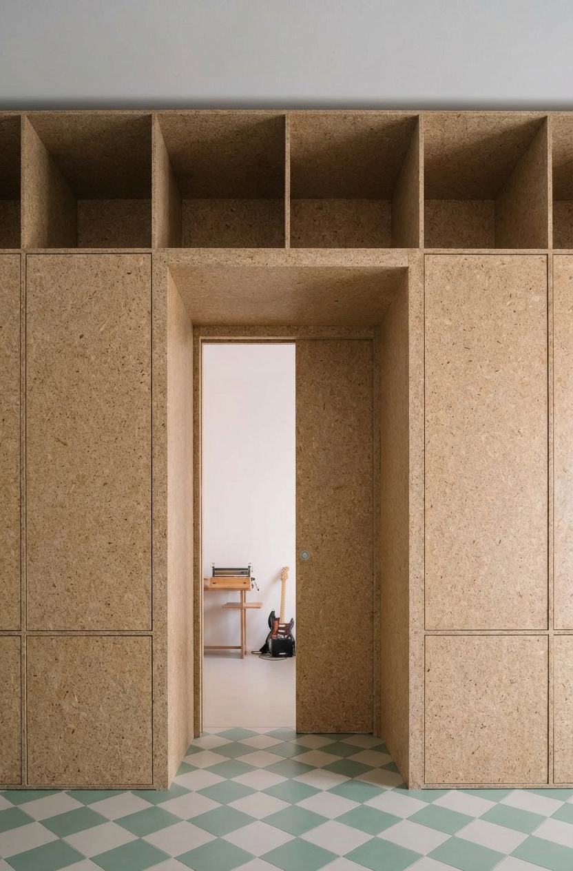 Pasillo con pared de madera y puertas de gabinetes en la parte superior y en los laterales, con piso de baldosas en patrón de rombos verdes y blancas, y una puerta abierta que revela una habitación con instrumentos musicales y equipo.