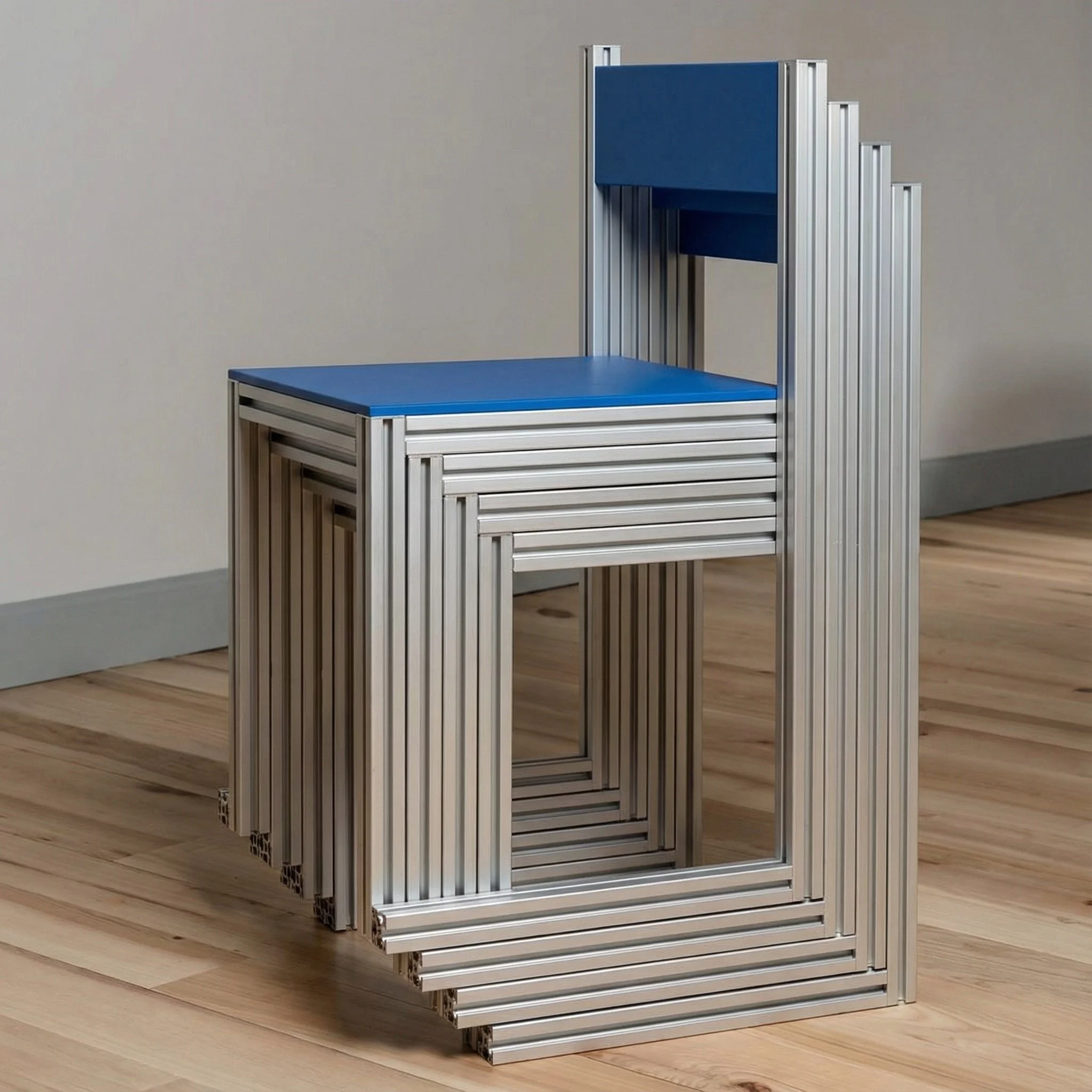 Sillas apiladas de aluminio con asientos y respaldo en azul, apiladas una tras otra en diferentes tamaños.